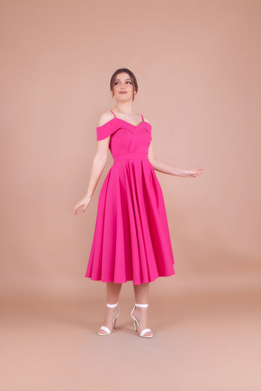 Midi Pleated Off-the-shoulder Strapped Evening Dress - Fuchsia