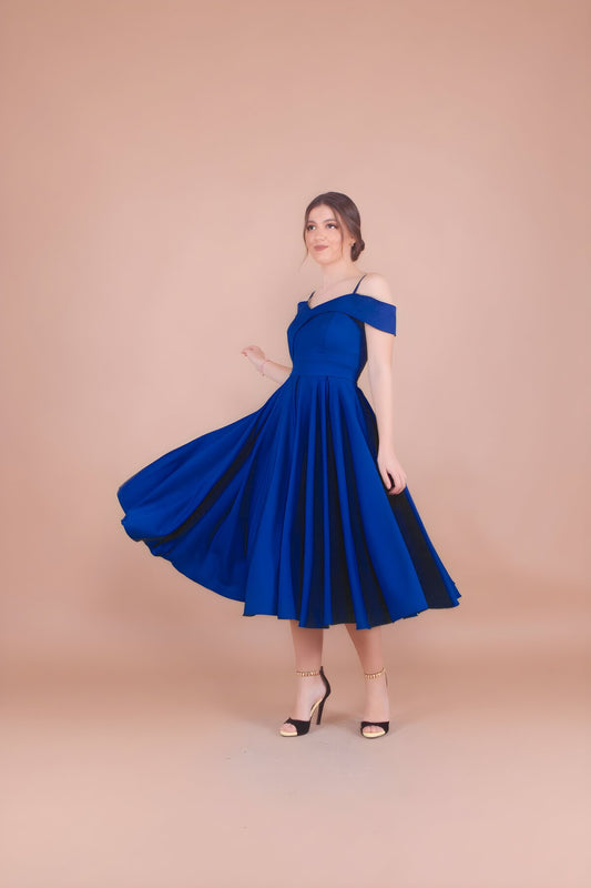 Midi Pleated Strappy Drop Shoulder Evening Dress - Electric Blue