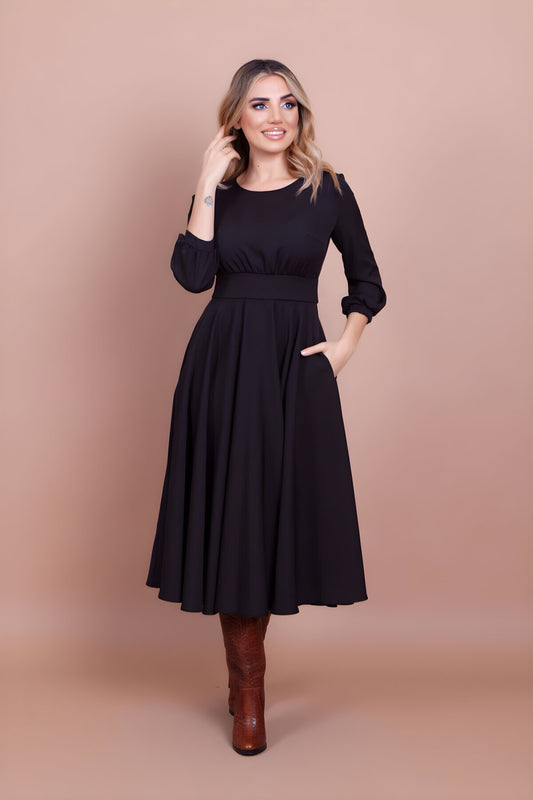 Midi Round Neck Pocket-Detail Dress - Black