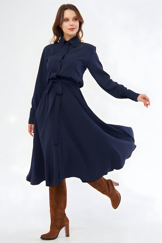 Midi Shirting Long Sleeve Belted Dress - Navy Blue