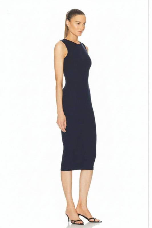 Midi Silk Jersey Lined Crew Neck Dress - Navy Blue