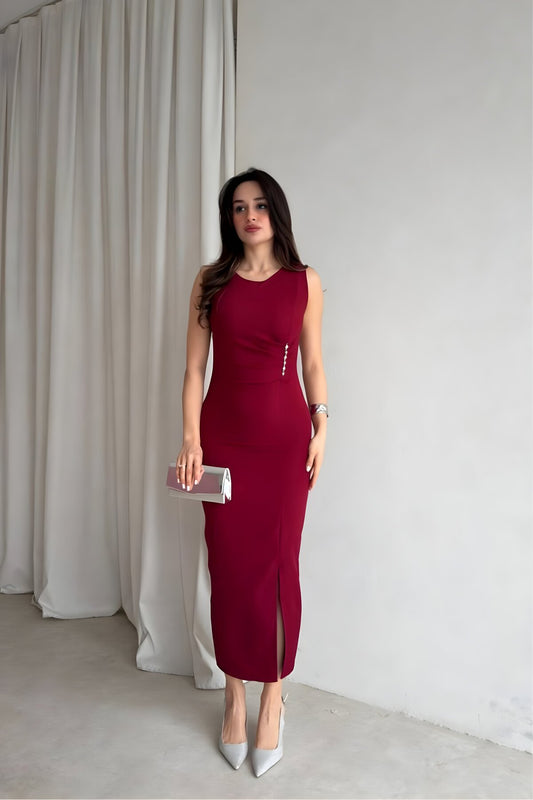 Midi Sleeveless Accessory Slit Dress - Burgundy