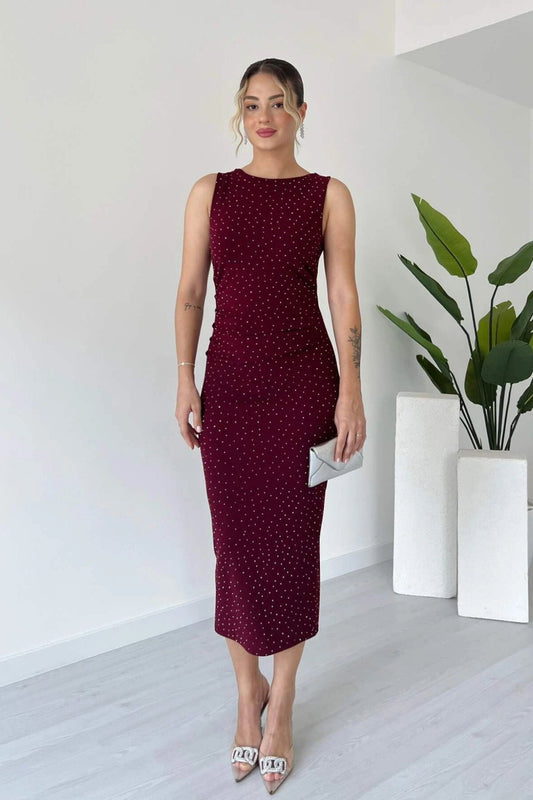 Midi Sleeveless Stone-Embellished Dress - Burgundy