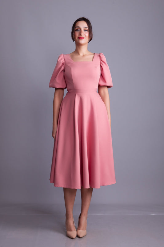 Midi Square Neck Balloon Sleeve Dress - Dusty Rose