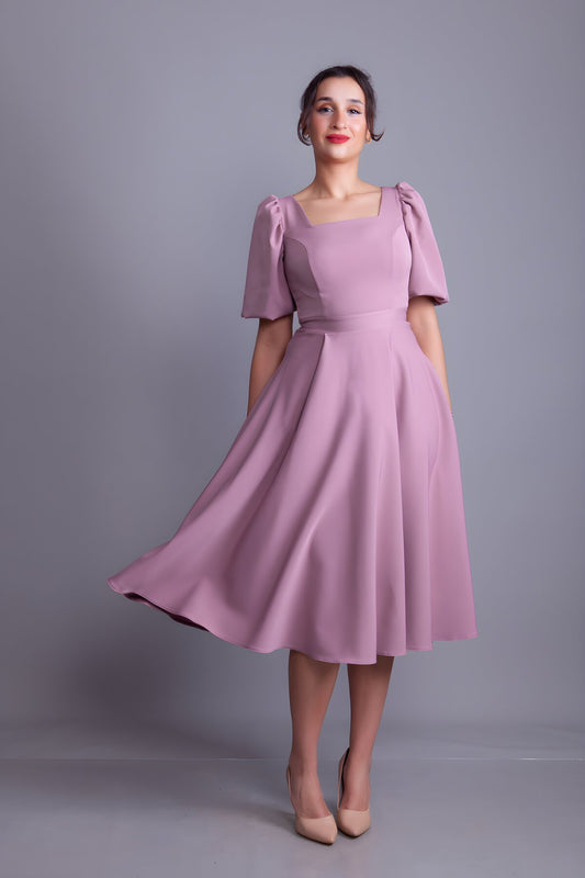 Midi Square Neck Balloon Sleeve Evening Dress - Dark Dusty Rose