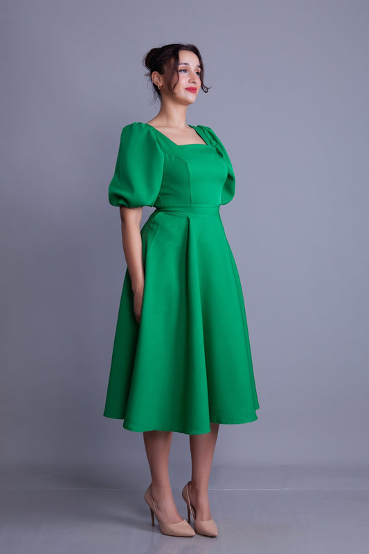 Midi Square Neck Balloon Sleeve Evening Dress - Grass Green