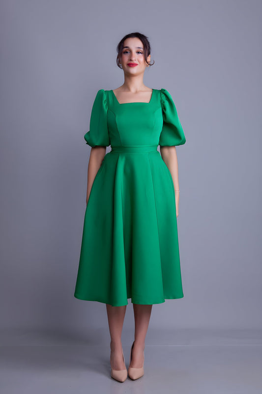 Midi Square Neck Balloon Sleeve Evening Dress - Grass Green