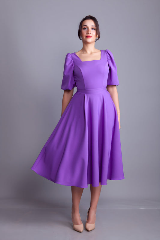 Midi Square Neck Balloon Sleeve Evening Dress - Lilac