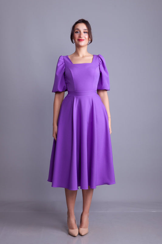 Midi Square Neck Balloon Sleeve Evening Dress - Lilac
