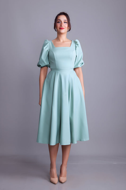 Midi Square Neck Balloon Sleeve Evening Dress - Mint Green