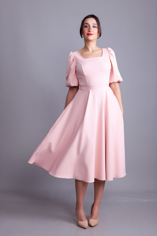 Midi Square Neck Balloon Sleeve Evening Dress - Powder Pink