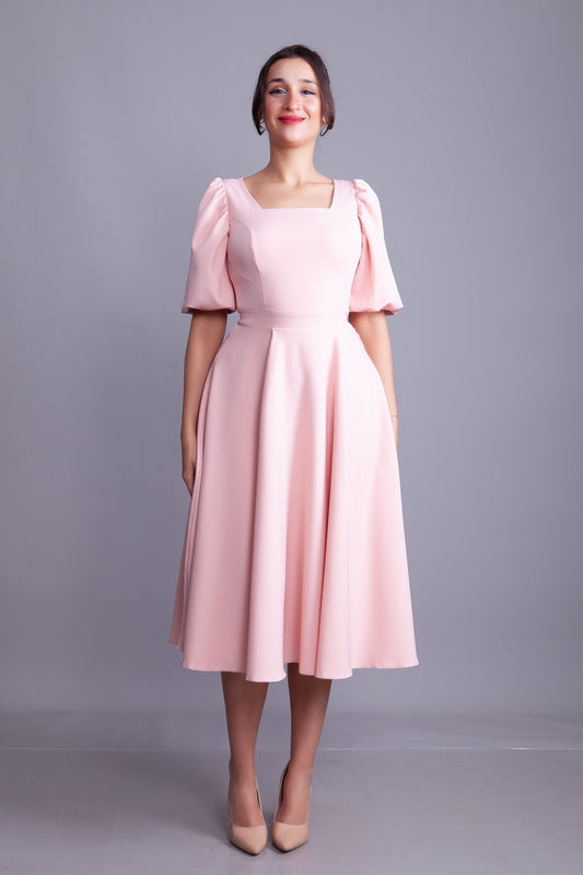 Midi Square Neck Balloon Sleeve Evening Dress - Powder Pink
