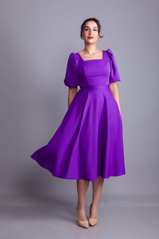 Midi Square Neck Puff Sleeve Dress - Purple