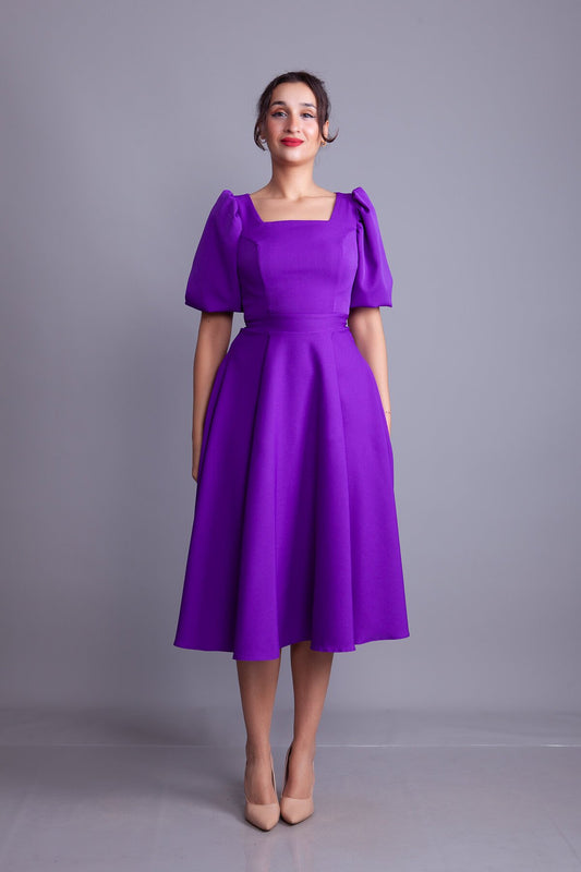 Midi Square Neck Puff Sleeve Dress - Purple