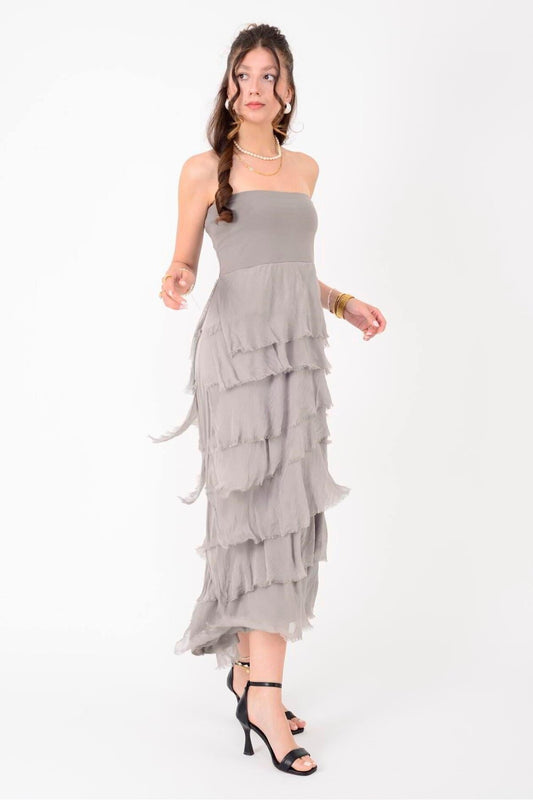 Midi Strapless Layered Silk Dress - Mink