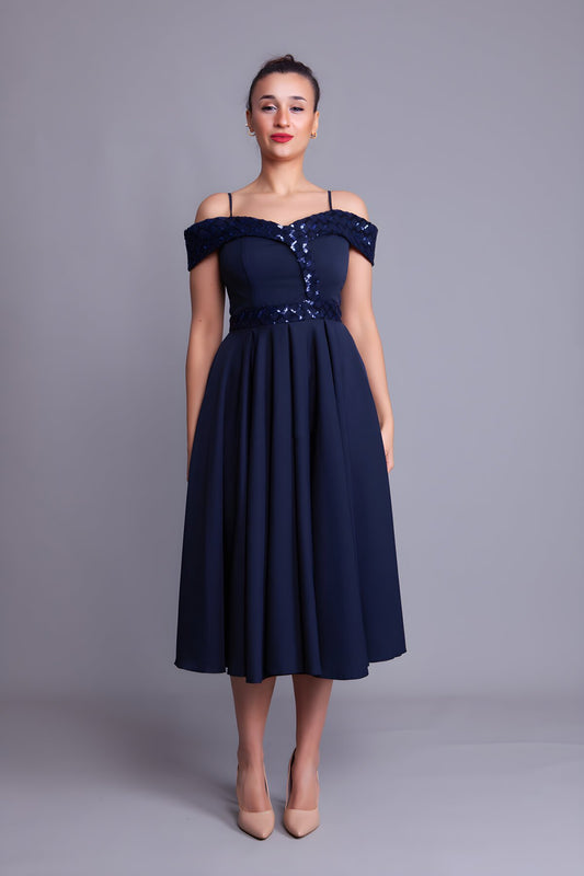 Midi Strapped Checkered Sequin-Detail Evening Dress - Navy Blue