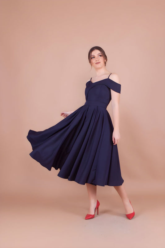 Midi Strapped Off-the-Shoulder Pleated Evening Dress - Navy Blue