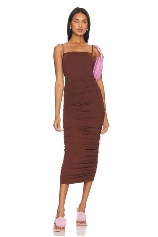 Midi Strappy Draped Ruched Dress - Brown