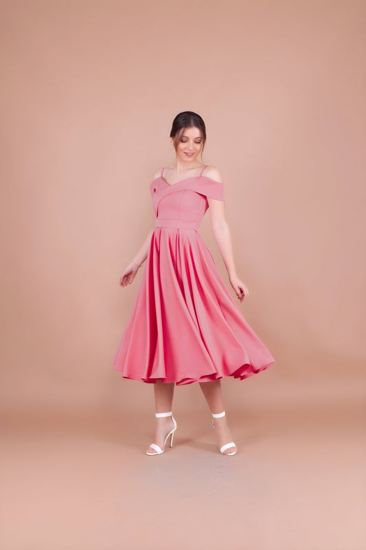 Midi Strappy Pleated Off-Shoulder Evening Dress - Dusty Rose