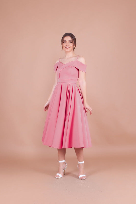 Midi Strappy Pleated Off-Shoulder Evening Dress - Dusty Rose