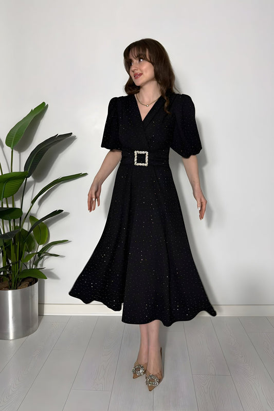 Midi Surplice Neck Shimmery Buckle Detail Dress - Black