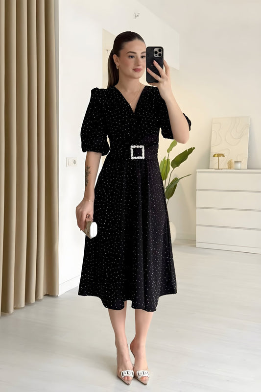 Midi Surplice Neck Shimmery Buckle Detail Dress - Black