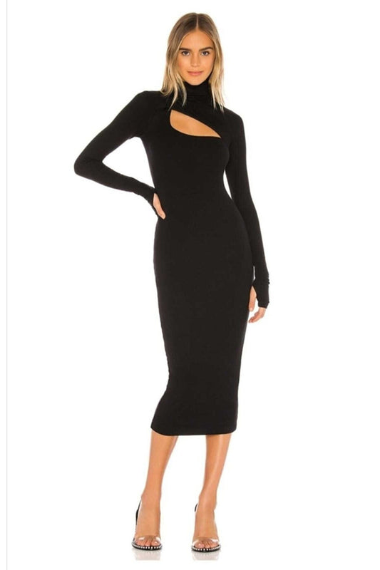 Midi Turtleneck Silk Jersey Thumb Loop Dress - Black