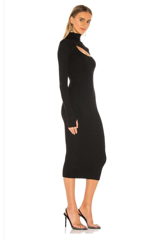 Midi Turtleneck Silk Jersey Thumb Loop Dress - Black