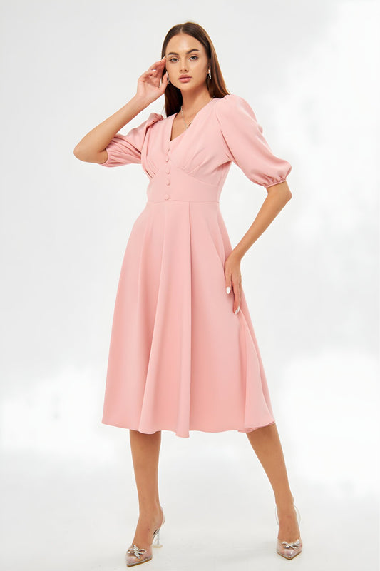 Midi V-Neck Balloon Sleeve Belted Evening Dress - Powder
