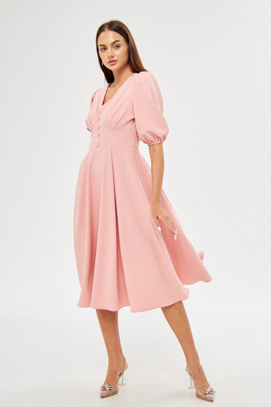 Midi V-Neck Balloon Sleeve Belted Evening Dress - Powder