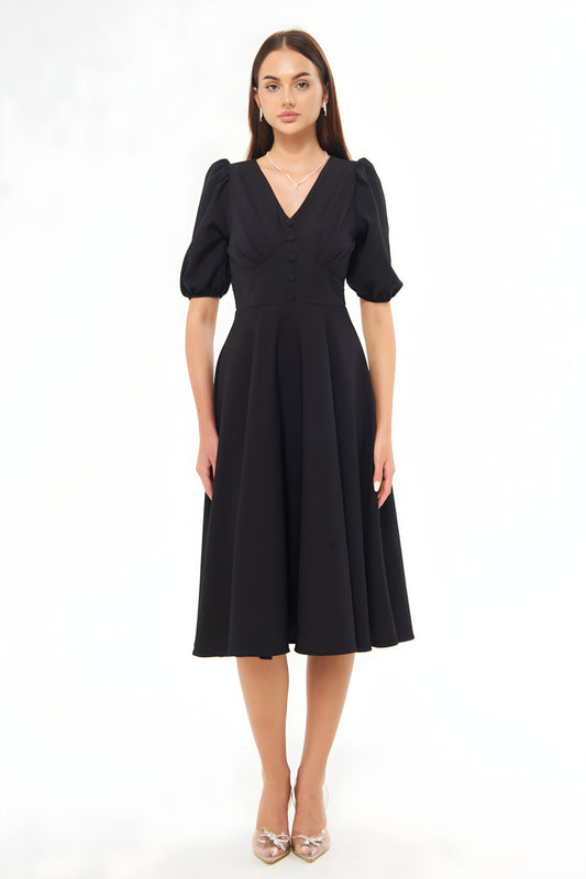 Midi V-Neck Balloon Sleeve Dress - Black