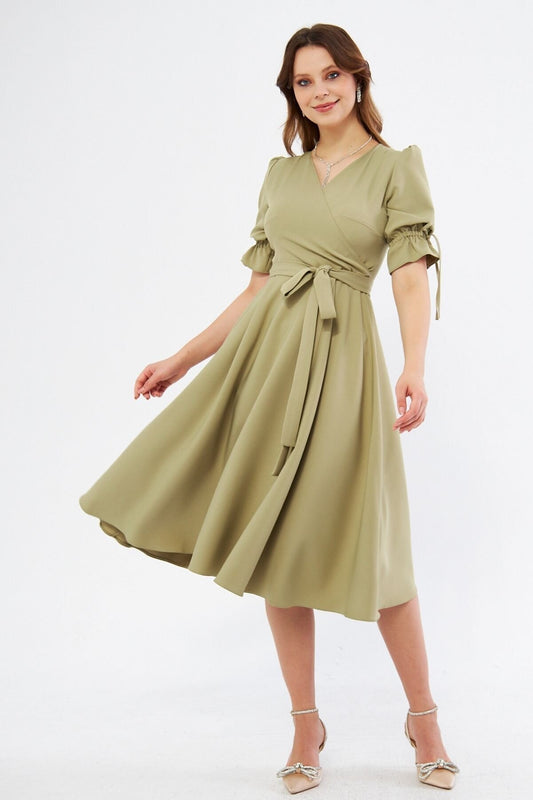Midi Wrap-Neck Ruched Belted Dress - Oil Green
