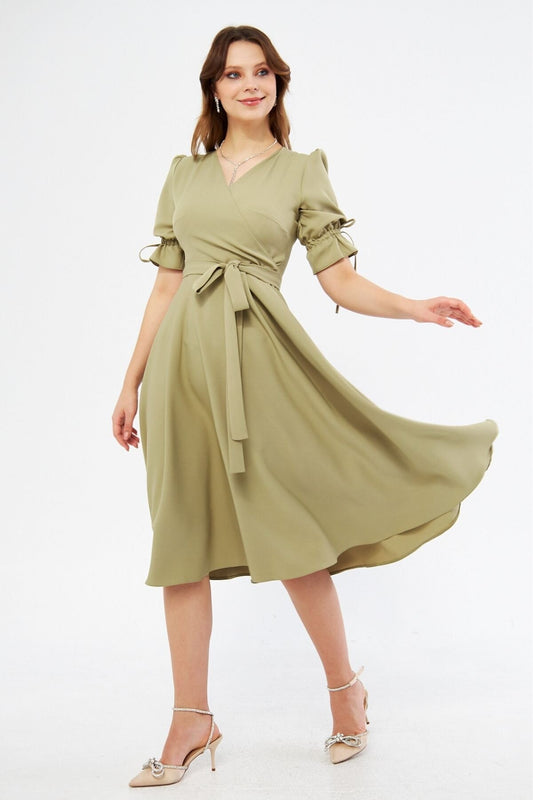 Midi Wrap-Neck Ruched Belted Dress - Oil Green