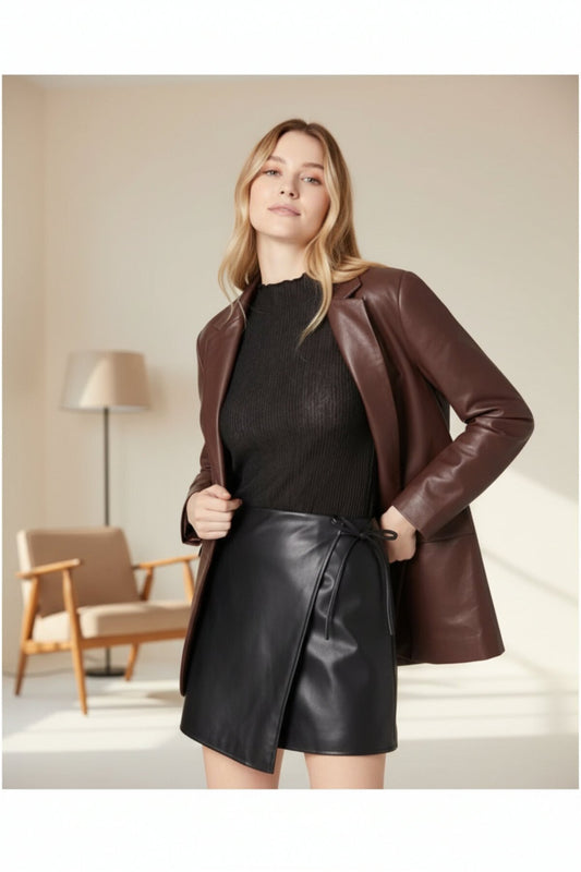 Mini Asymmetric Leather Tie-Detail Skort - Black