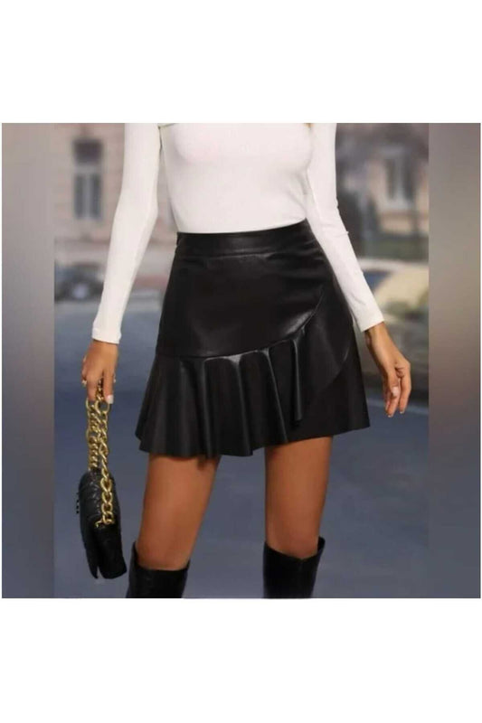 Mini Asymmetrical Faux Leather Ruffled Skirt - Black