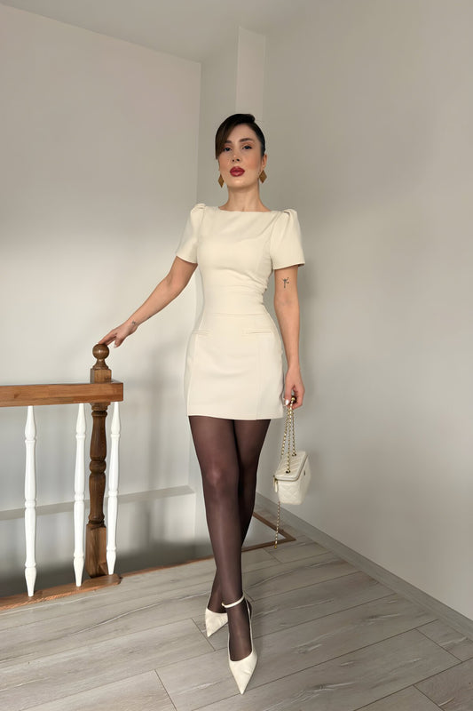 Mini Balloon Sleeve Pocket Detail Dress - Beige