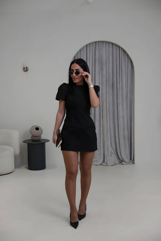 Mini Balloon Sleeve Pocket Detail Dress - Black