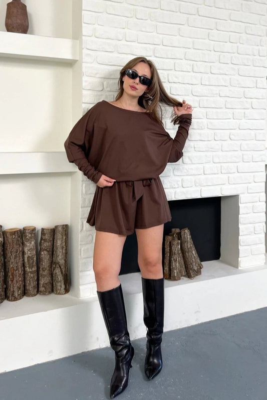 Mini Belted Boat Neck Skort Dress - Brown
