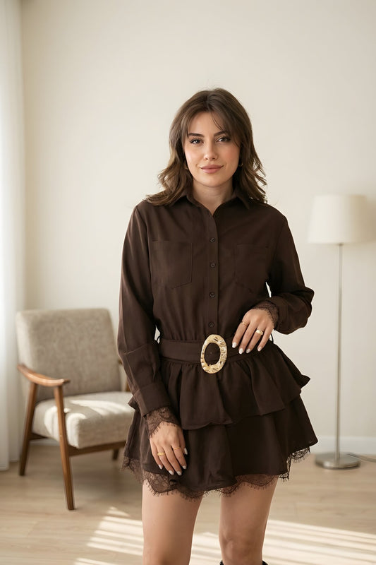 Mini Belted Lace Shirt Dress - Brown