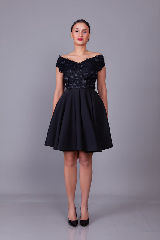 Mini Boat Neck Floral Tulle Detailed Evening Dress - Black