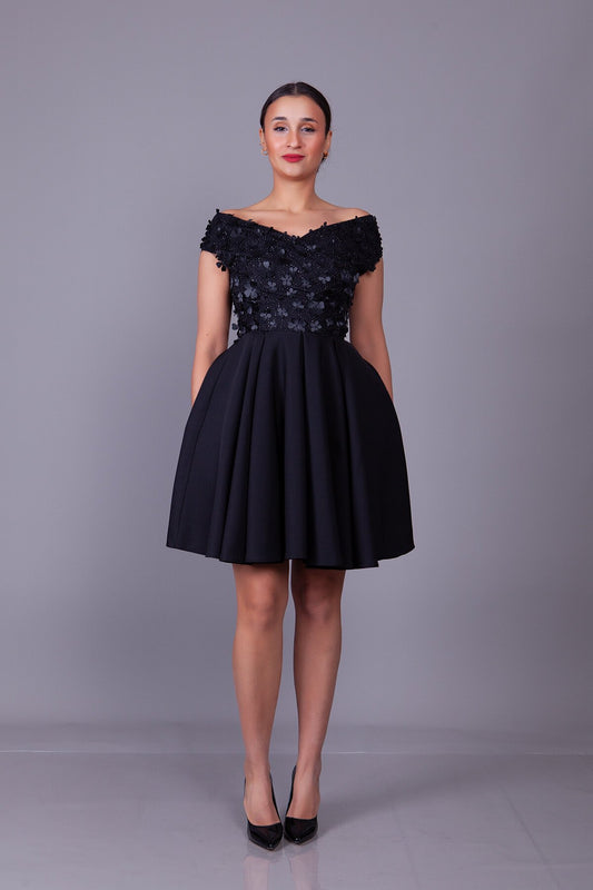 Mini Boat Neck Floral Tulle Detailed Evening Dress - Black