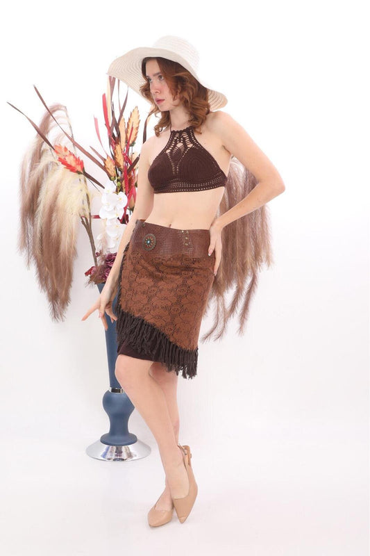 Mini Boho Leather Belted Braided-Detail Skirt - Brown