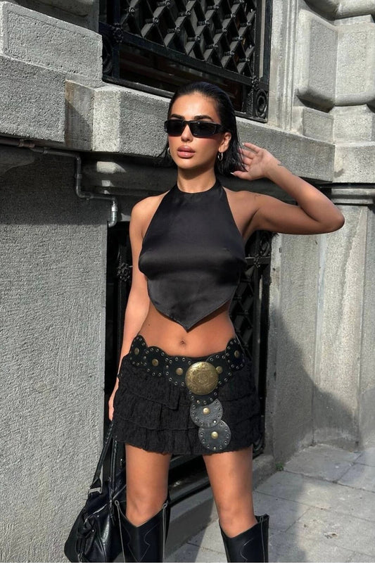 Mini Built-in Shorts Lace Layered Skirt - Black