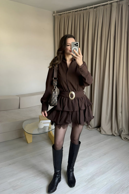 Mini Chiffon Belt-Detail Shirt Dress - Brown