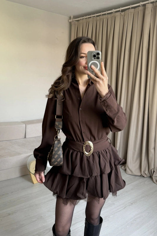 Mini Chiffon Belt-Detail Shirt Dress - Brown