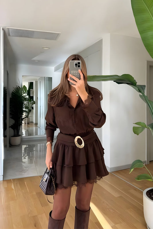 Mini Chiffon Belted Lace Detail Dress - Brown