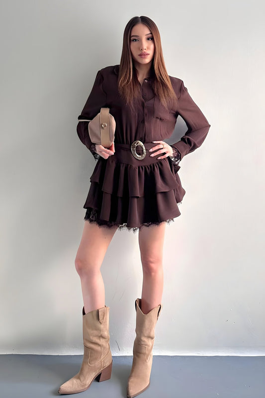 Mini Chiffon Shirt Dress - Brown
