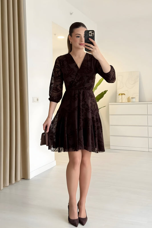 Mini Double-Breasted Flock Printed Ruffled Hem Dress - Brown