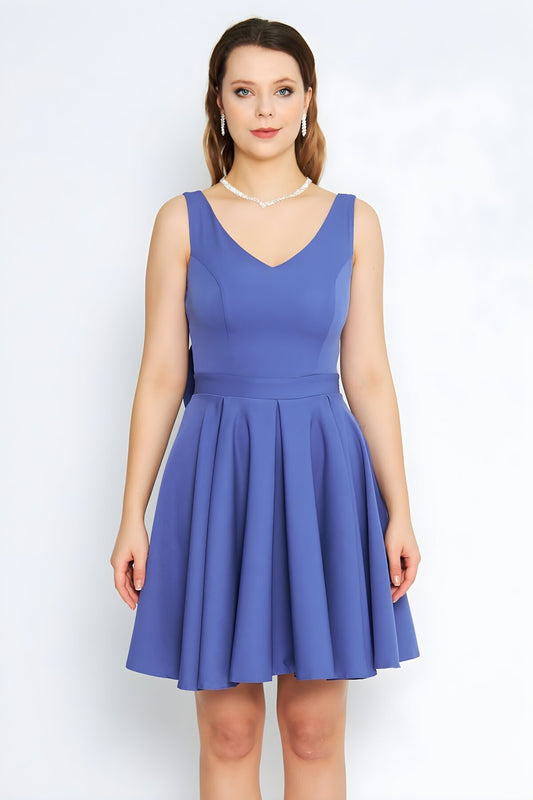 Mini Flared Denim Back-Bow Evening Dress - Blue
