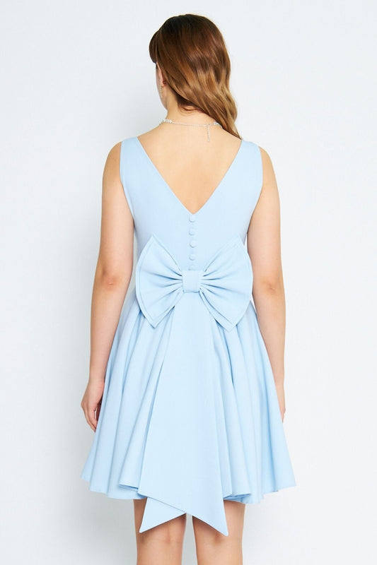 Mini Flared Pleated V-Neck Bow-Back Evening Dress - Baby Blue